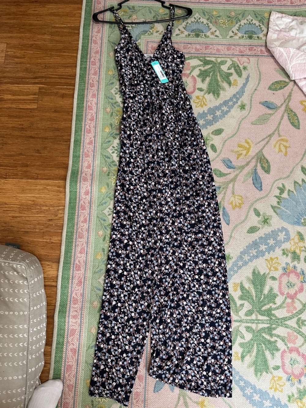 Floral V-Neck Wide-Leg Jumpsuit in Black very stretchy could be bump friendly